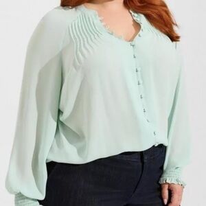 torrid Mint Green Button-Front Pleated Tunic Blouse